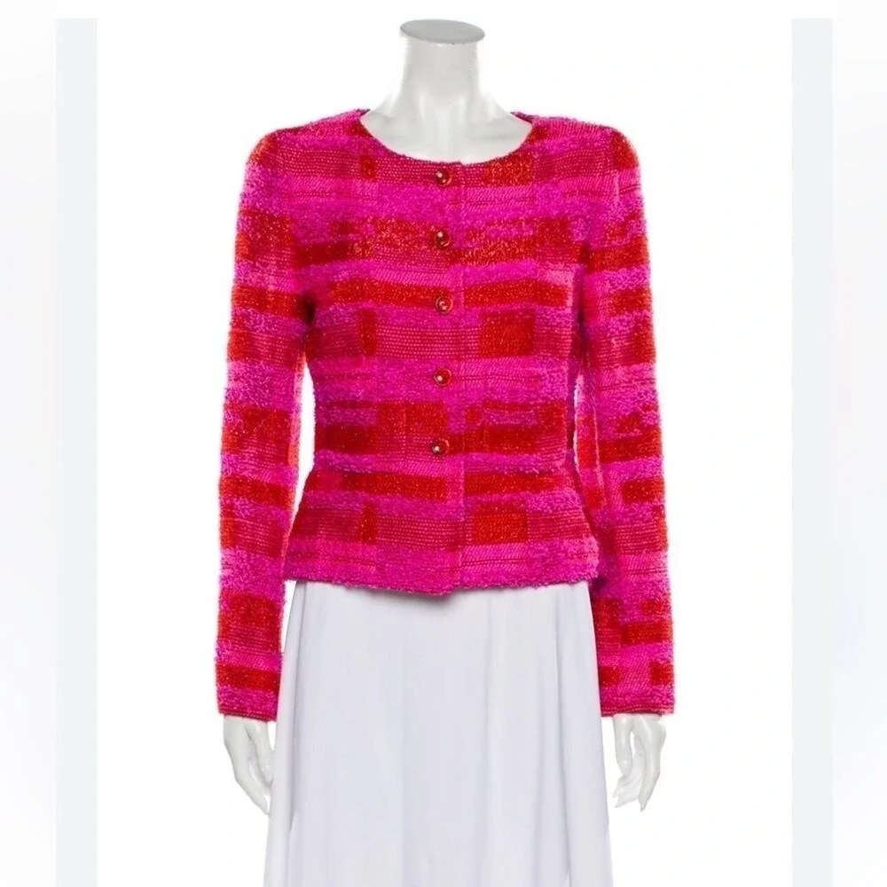 CHANEL Hot Pink Orange Gold Metallic Thread tweed Cropped Jacket 2001 C Size 34